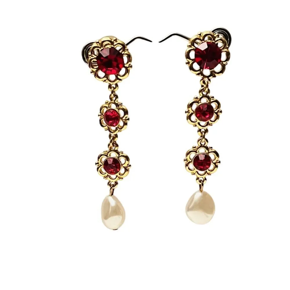 Earrings VTG Gold‎ Pierced Statement Dangle Baroque Pearl Red Crystal Rhinestone